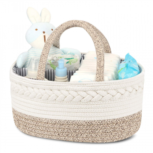 Baby Diaper Caddy Organizer Rope Nursery Storage Bin for Boys and Girls Large Tote Bag Car Organizer with Removable Inserts Shower Gift Basket Newborn Registry Must Haves